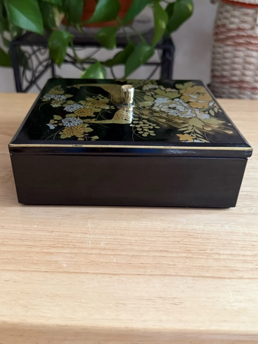 Vintage Otagiri Japan Black Lacquer Peacock Trinket Box with Etched Clear Tray